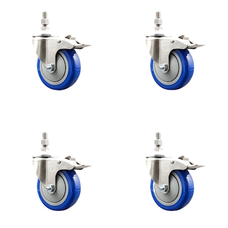 Service Caster 4 Inch 316SS Blue Polyurethane Wheel Swivel 10mm Stem Caster Set Lock Brake SS316TSTTL20S414-PPUB-BLUE-M1015-4